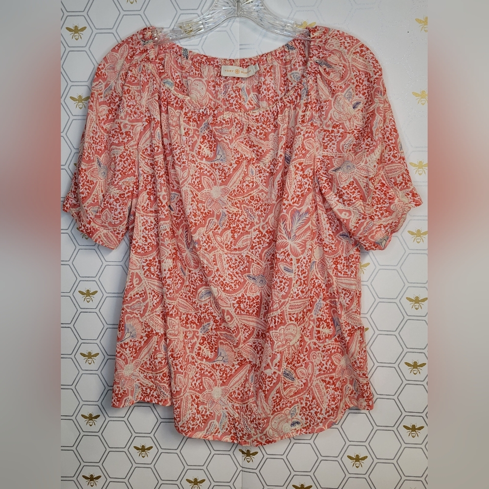 Tory Burch Coral and Cream Paisley Peasant Blouse